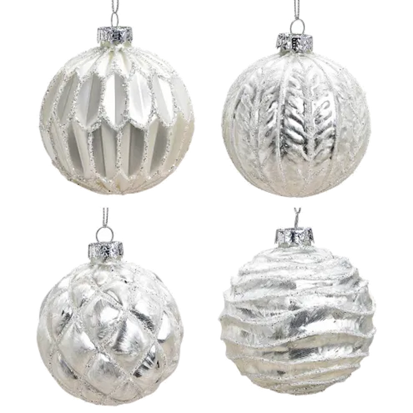 Weihnachtskugel aus Glas Weiß Silber Glitter 8 cm 12er Set