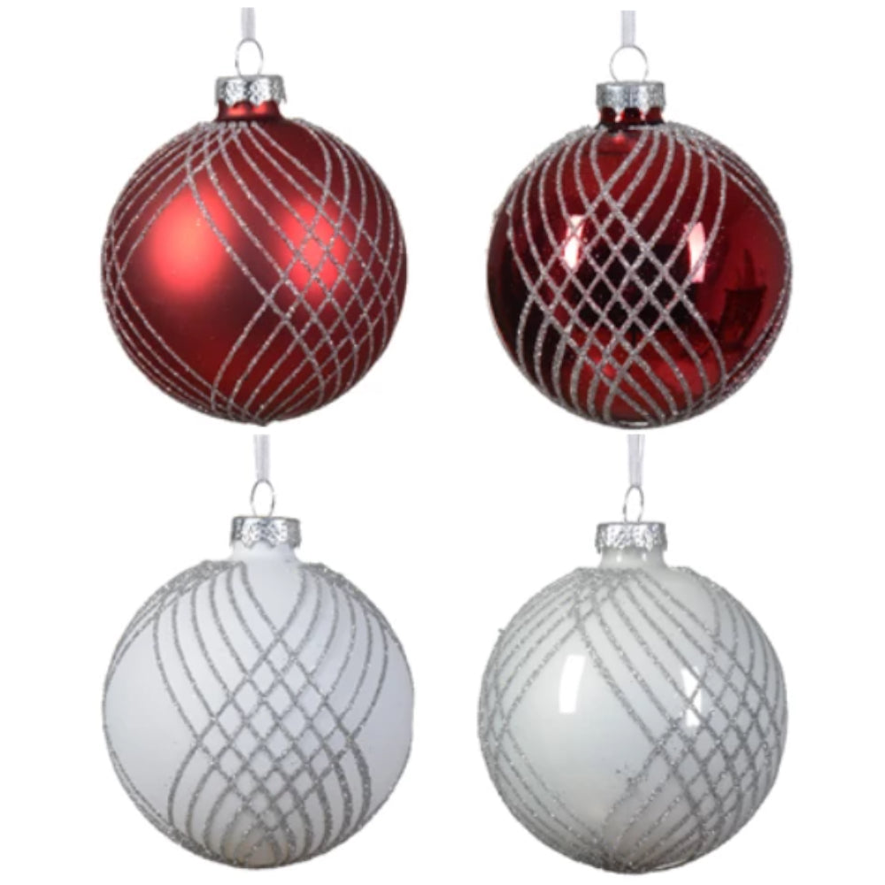 Weihnachtskugel aus Glas Rot & Silber 8 cm 4er Set