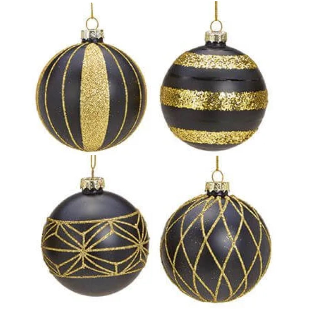 Weihnachtskugel aus Glas Schwarz Gold 8 cm 4er Set