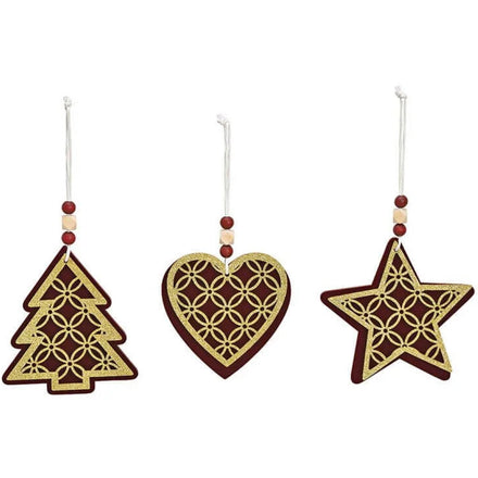 Anhänger Tanne Herz Stern aus Holz Bordeaux Gold 11 x 12 cm 3er Set