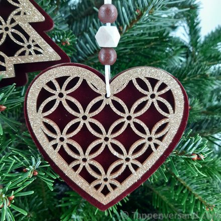 Anhänger Tanne Herz Stern aus Holz Bordeaux Gold 11 x 12 cm 3er Set 2