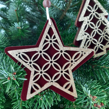 Anhänger Tanne Herz Stern aus Holz Bordeaux Gold 11 x 12 cm 3er Set